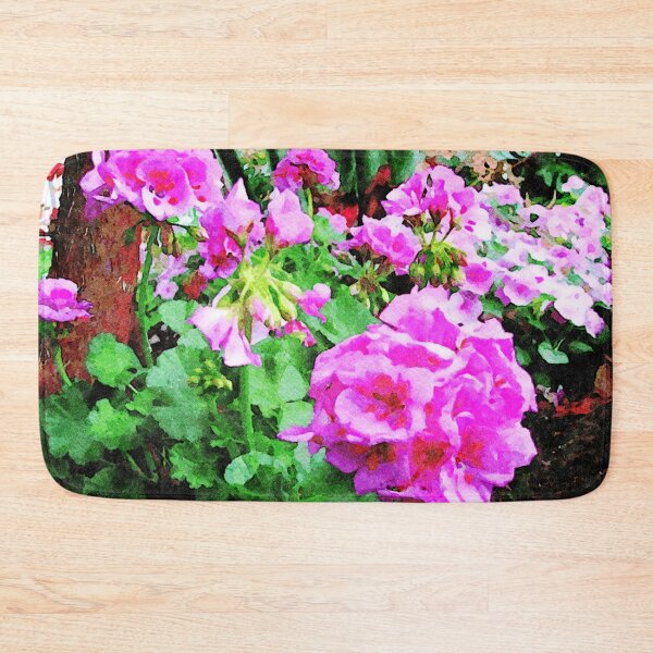 Item preview, Beautiful watercolor painting of vibrant pink geranium flowers in garden setting designed and sold by GestaltImagery.