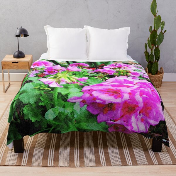 Item preview, Beautiful watercolor painting of vibrant pink geranium flowers in garden setting designed and sold by GestaltImagery.