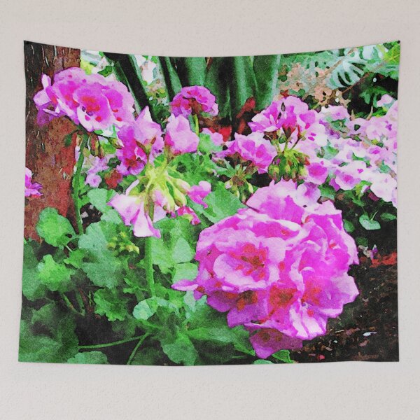 Item preview, Beautiful watercolor painting of vibrant pink geranium flowers in garden setting designed and sold by GestaltImagery.