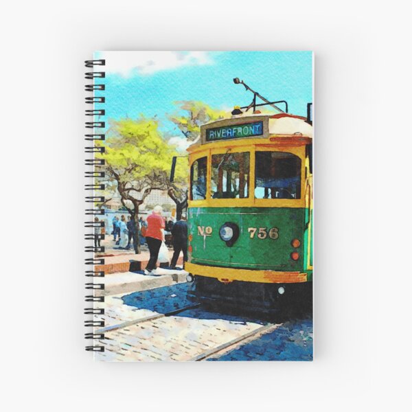 Aperçu de l'œuvre Représentation à l'aquarelle du tramway de River Street à Savannah, en Géorgie, par une journée ensoleillée créée et vendue par GestaltImagery.