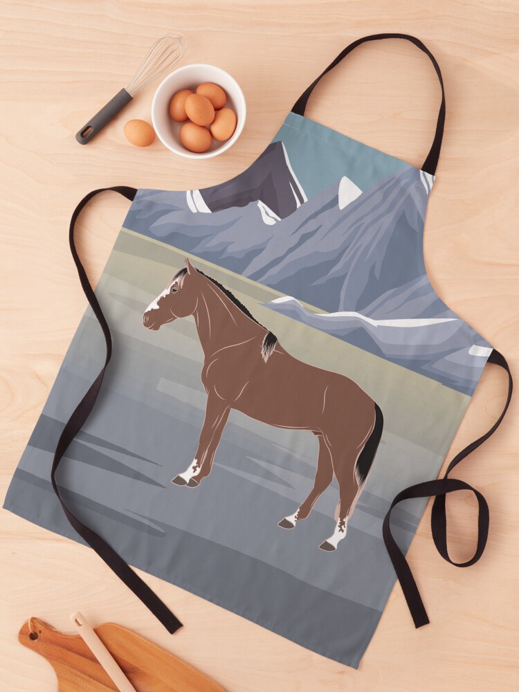 Aperçu 1 sur 6. Tablier avec l'œuvre Cheval Criollo Vénézuélien, cheval rouanné sur un fond de paysage, cheval d'allure, races de chevaux du Venezuela créée et vendue par WebEquitation.