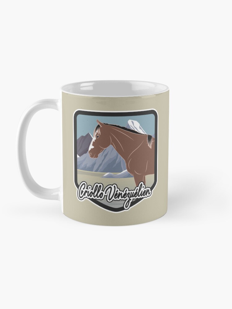 Aperçu 3 sur 6. Mug à café avec l'œuvre Cheval Criollo Vénézuélien, blason et armoirie cheval rouanné, cheval d'allure, races de chevaux du Venezuela créée et vendue par WebEquitation.