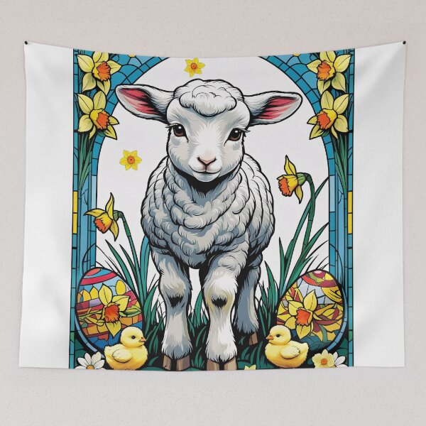 Item preview, Easter lamb in stained glass style with flowers and eggs designed and sold by IceFlowerArt.