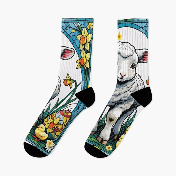 Item preview, Easter lamb in stained glass style with flowers and eggs designed and sold by IceFlowerArt.