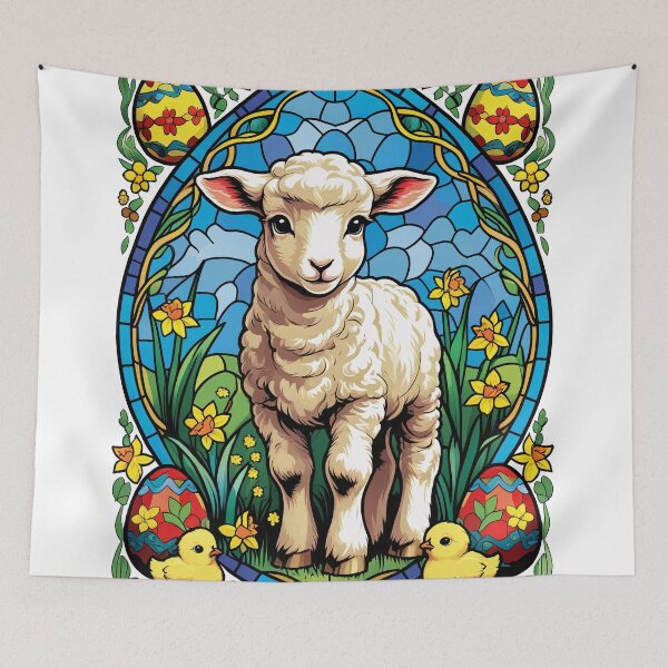 Item preview, Easter lamb in stained glass style with flowers and eggs designed and sold by IceFlowerArt.