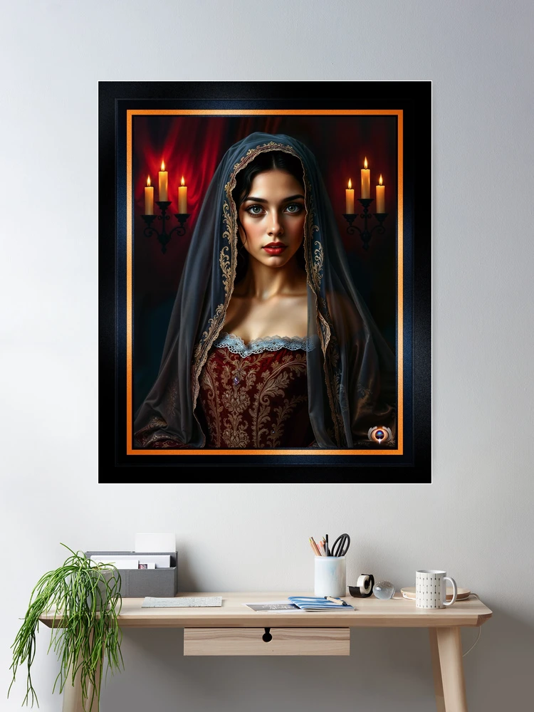 Elegant Portrait Of Victoria Lapellous Wearing Velvet Red Gown and Veil By Candlelight AI Concept Art by Xzendor7 | A Classic Beauty 2 Elegant Portrait Of Victoria Lapellous Wearing Velvet Red Gown and Veil By Candlelight Alluring AI Concept Art by Xzendor7 Room Decor Poster Art Print