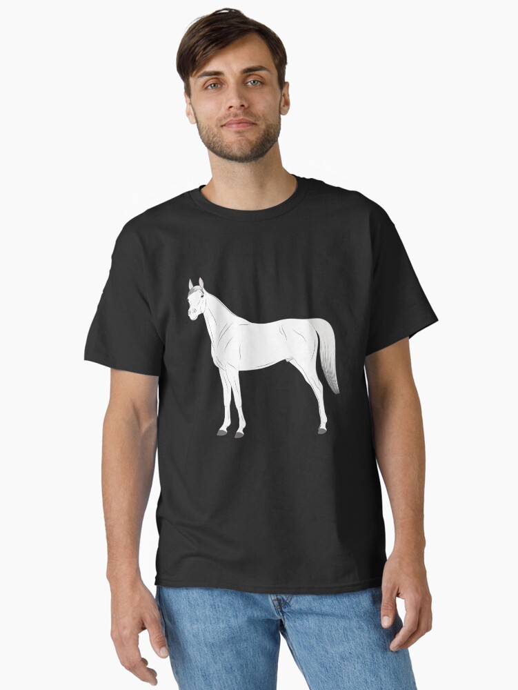 Aperçu 1 sur 7. T-shirt classique avec l'œuvre Cheval Abbayan, dessin cheval blanc, cheval oriental, races de chevaux du Yémen créée et vendue par WebEquitation.