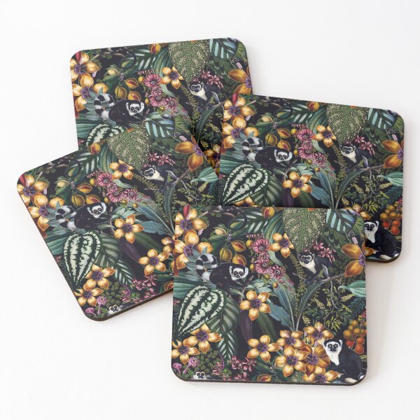 Item preview, Vintage Tropical Flowers And Lemur Monkeys Midnight Nightforest Garden Pattern  designed and sold by UtArt.