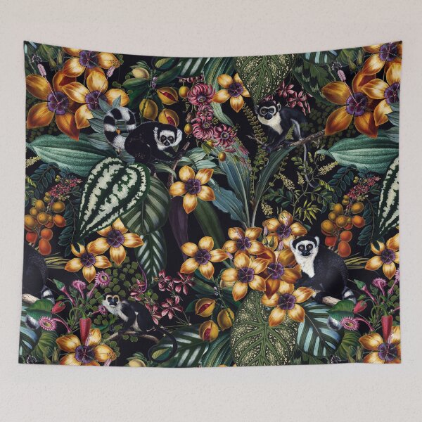 Item preview, Vintage Tropical Flowers And Lemur Monkeys Midnight Nightforest Garden Pattern  designed and sold by UtArt.
