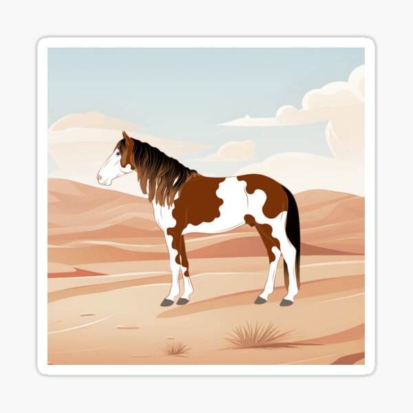 Aperçu de l'œuvre Cheval Barbe d'Abaco, cheval sauvage, cheval pie avec paysage, lignée du cheval Berbère, races de chevaux des Bahamas créée et vendue par WebEquitation®.