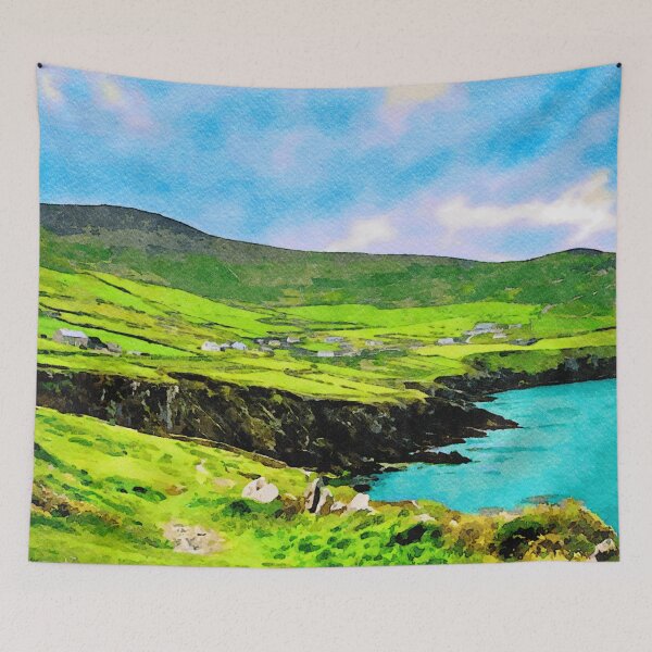 Item preview, Vibrant watercolor of Coumeenoole's landscape on Dingle Peninsula, Ireland coastline designed and sold by GestaltImagery.
