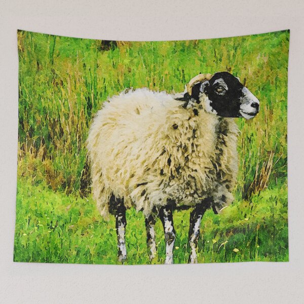 Item preview, Watercolor artwork of a fluffy sheep in vibrant green field designed and sold by GestaltImagery.