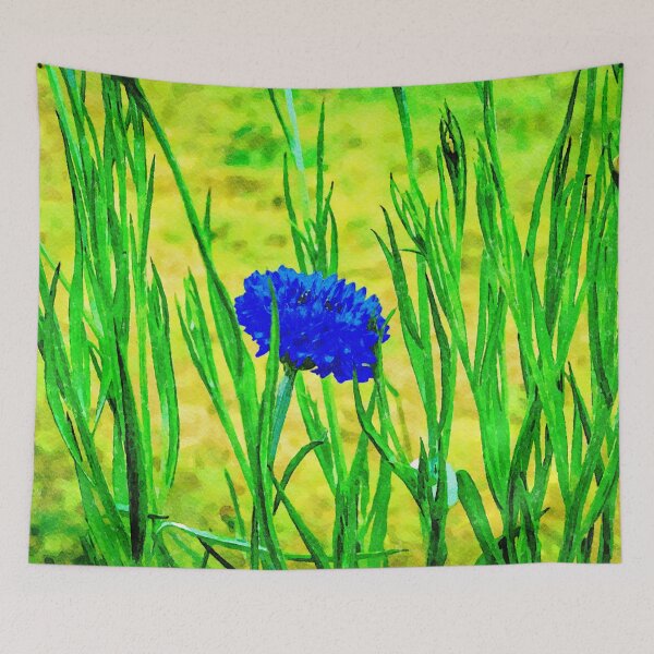 Item preview, Vibrant watercolor painting of a cornflower in lush green foliage designed and sold by GestaltImagery.