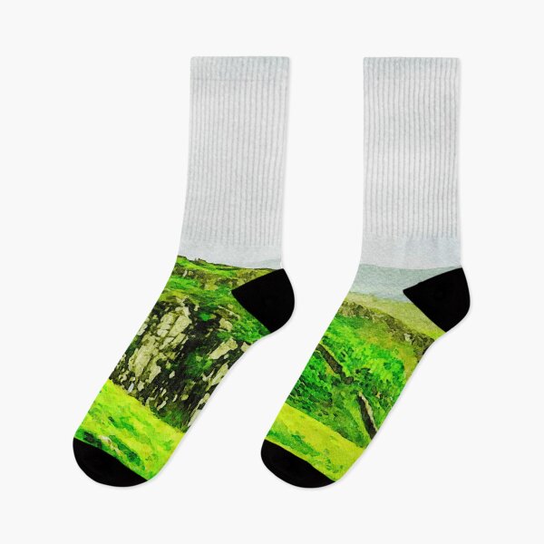 Item preview, Watercolor landscape of Hadrian's Wall with lush green fields designed and sold by GestaltImagery.