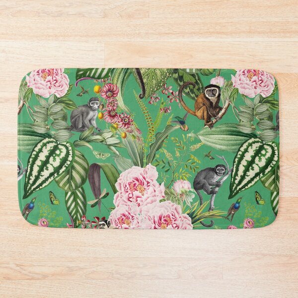Item preview, Vintage Tropical Flowers And Monkeys Midnight Nightforest Garden Pattern - green designed and sold by UtArt.