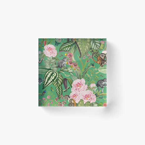 Item preview, Vintage Tropical Flowers And Monkeys Midnight Nightforest Garden Pattern - green designed and sold by UtArt.