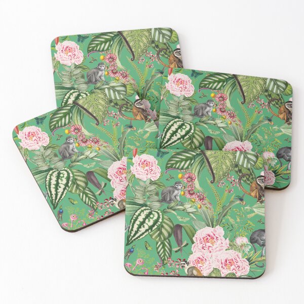 Item preview, Vintage Tropical Flowers And Monkeys Midnight Nightforest Garden Pattern - green designed and sold by UtArt.