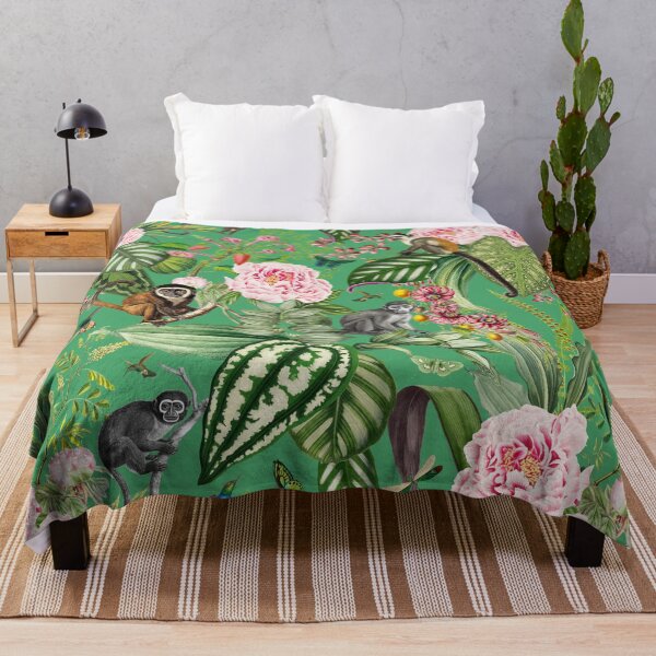 Item preview, Vintage Tropical Flowers And Monkeys Midnight Nightforest Garden Pattern - green designed and sold by UtArt.
