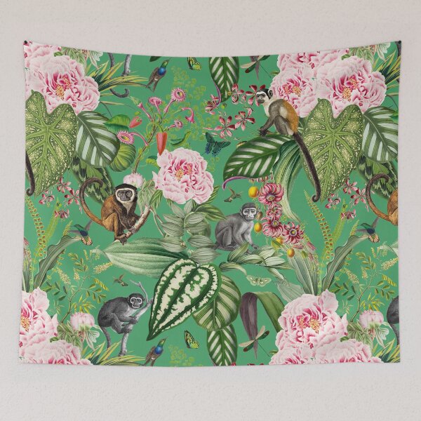 Item preview, Vintage Tropical Flowers And Monkeys Midnight Nightforest Garden Pattern - green designed and sold by UtArt.