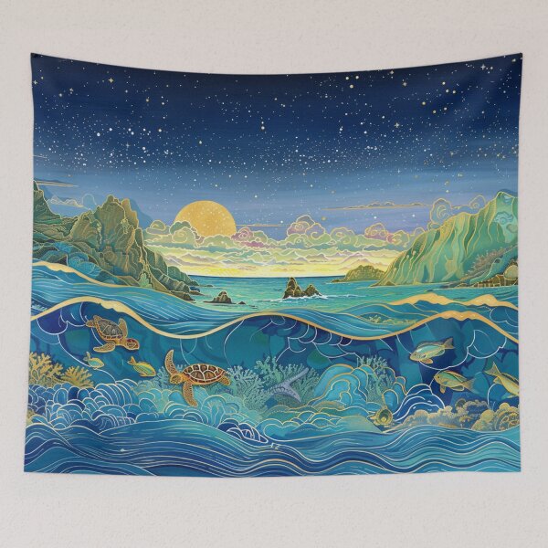 Item preview, Turtles Swimming on Coral Reef at Night Painting designed and sold by MagicalOceanArt.