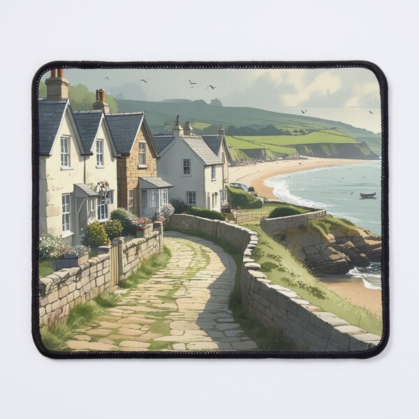 Vintage Art, Coastal Village Serenity – Seaside Cottage Escape Mouse Pad
