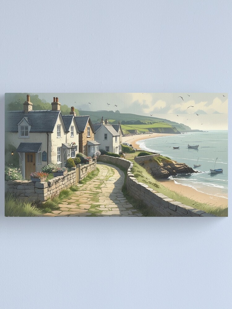 Thumbnail 1 of 3, Canvas Print, Vintage Art, Coastal Village Serenity – Seaside Cottage Escape designed and sold by PixelsArtst.