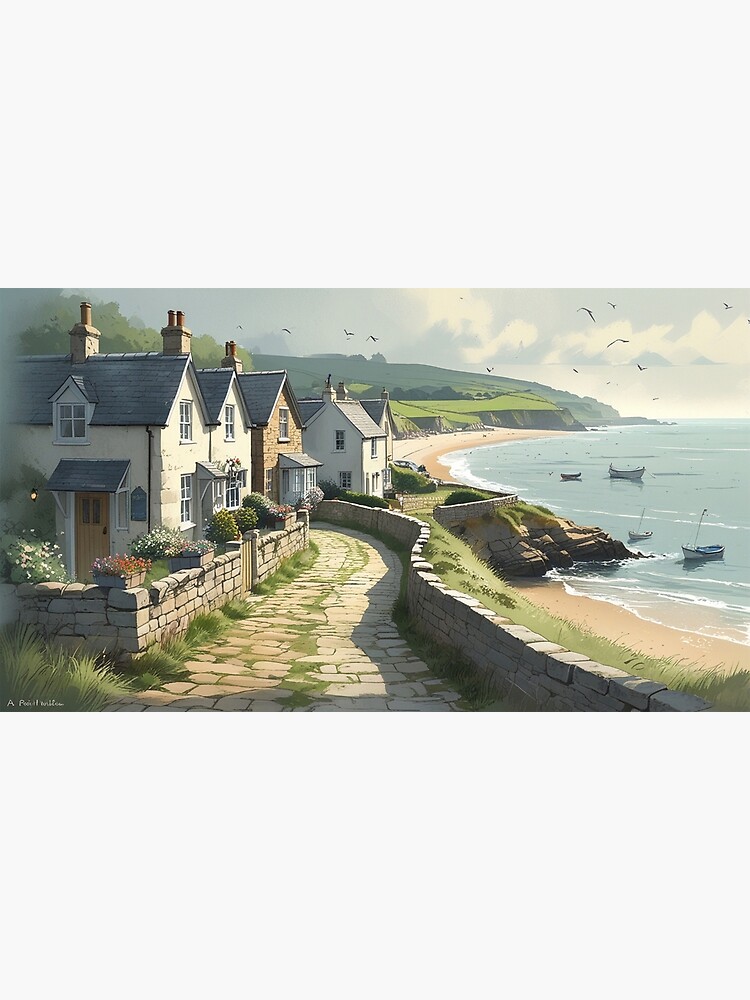 Thumbnail 3 of 3, Canvas Print, Vintage Art, Coastal Village Serenity – Seaside Cottage Escape designed and sold by PixelsArtst.