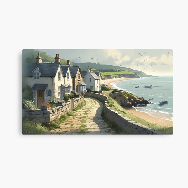 Vintage Art, Coastal Village Serenity – Seaside Cottage Escape Canvas Print