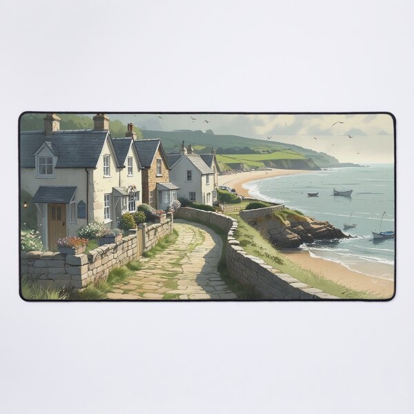 Vintage Art, Coastal Village Serenity – Seaside Cottage Escape Desk Mat