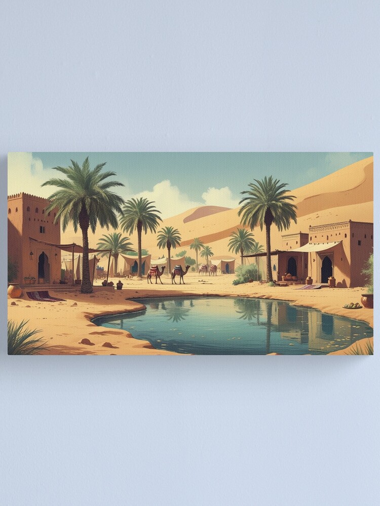 Thumbnail 1 of 3, Canvas Print, Vintage Art, Desert Oasis – Tranquil Arabian Escape designed and sold by PixelsArtst.