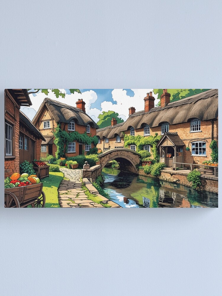 Thumbnail 1 of 3, Canvas Print, Vintage Art, Quaint English Village – Idyllic Countryside Charm designed and sold by PixelsArtst.