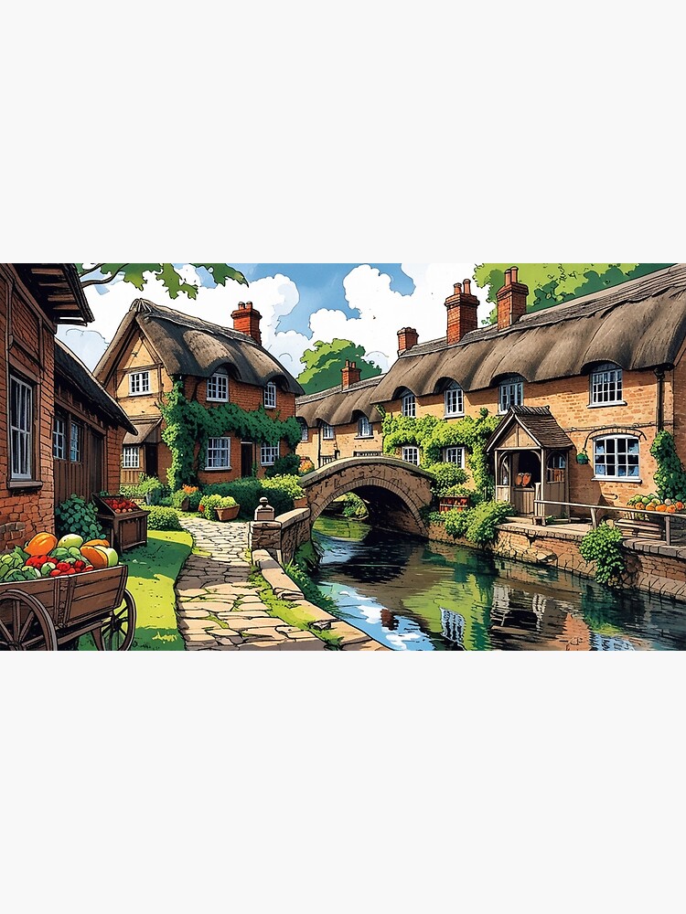 Thumbnail 3 of 3, Canvas Print, Vintage Art, Quaint English Village – Idyllic Countryside Charm designed and sold by PixelsArtst.