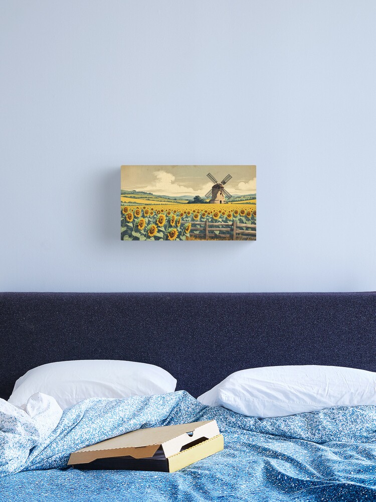 Thumbnail 2 of 3, Canvas Print, Vintage Art, Sunflower Fields & Windmill – Vintage Countryside Charm designed and sold by PixelsArtst.