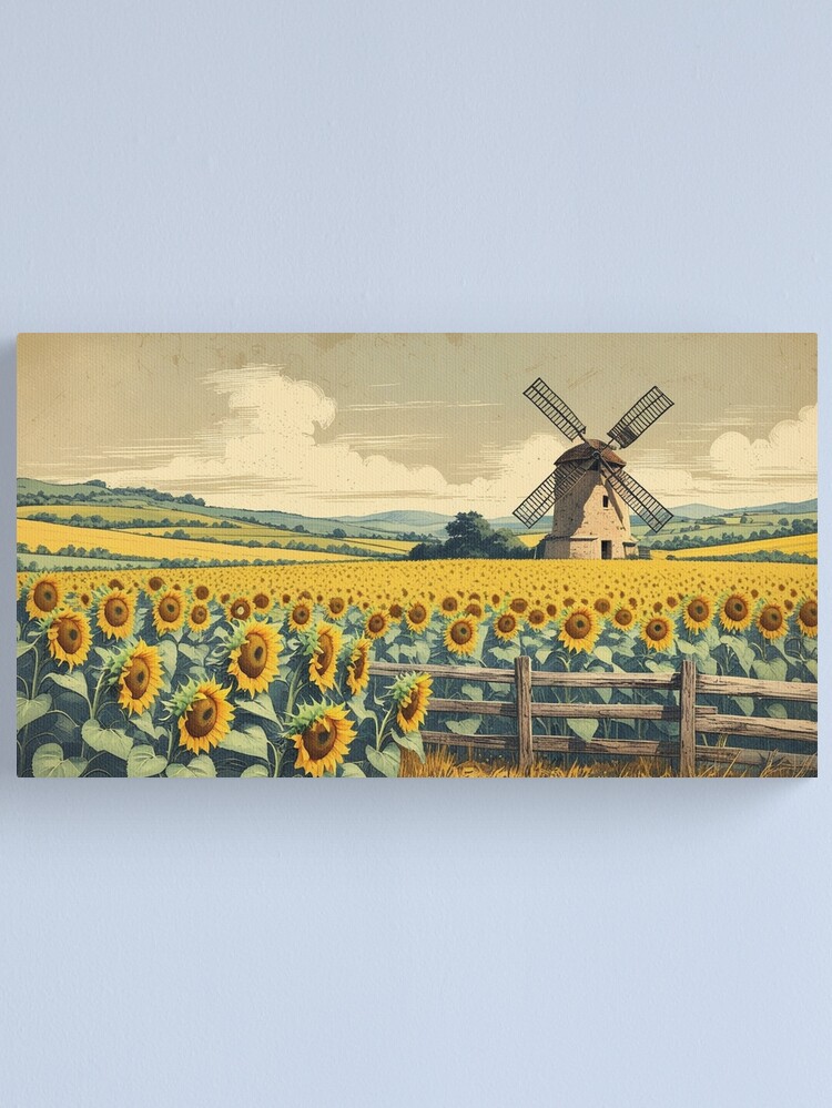 Thumbnail 1 of 3, Canvas Print, Vintage Art, Sunflower Fields & Windmill – Vintage Countryside Charm designed and sold by PixelsArtst.