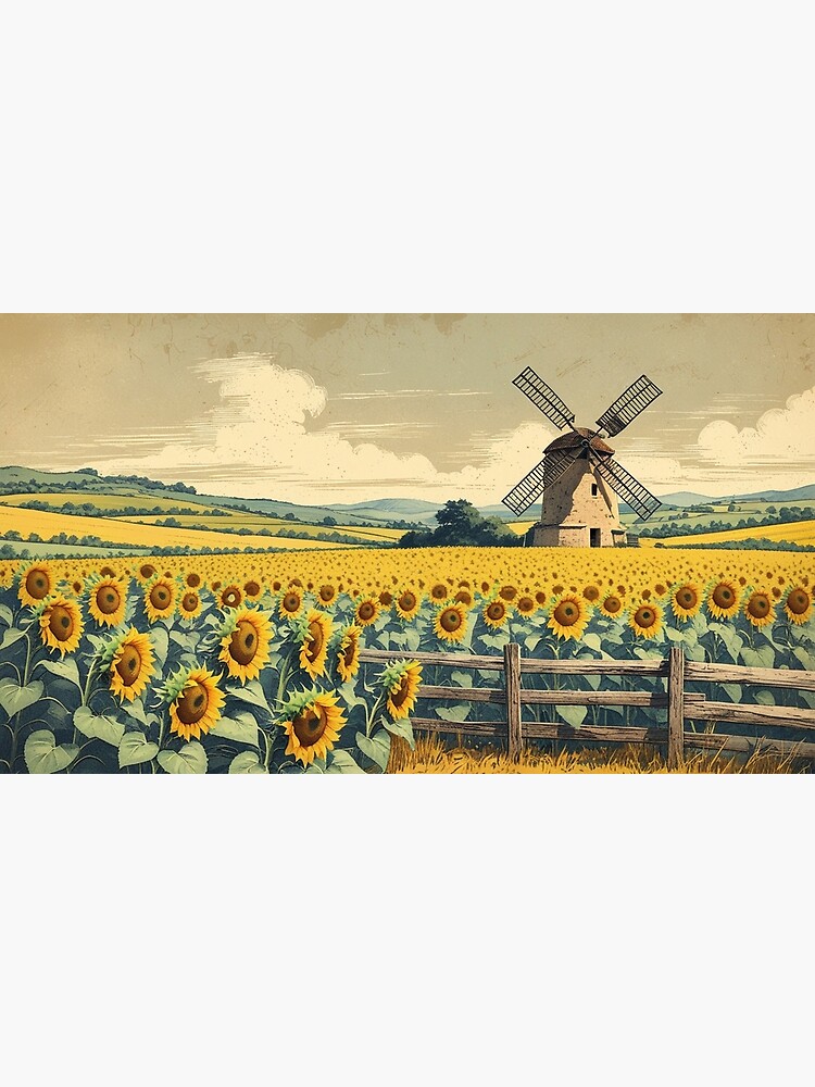 Thumbnail 3 of 3, Canvas Print, Vintage Art, Sunflower Fields & Windmill – Vintage Countryside Charm designed and sold by PixelsArtst.