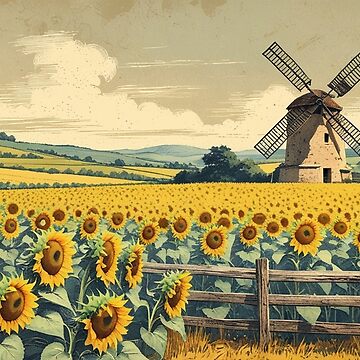 Artwork thumbnail, Vintage Art, Sunflower Fields & Windmill – Vintage Countryside Charm by PixelsArtist.com