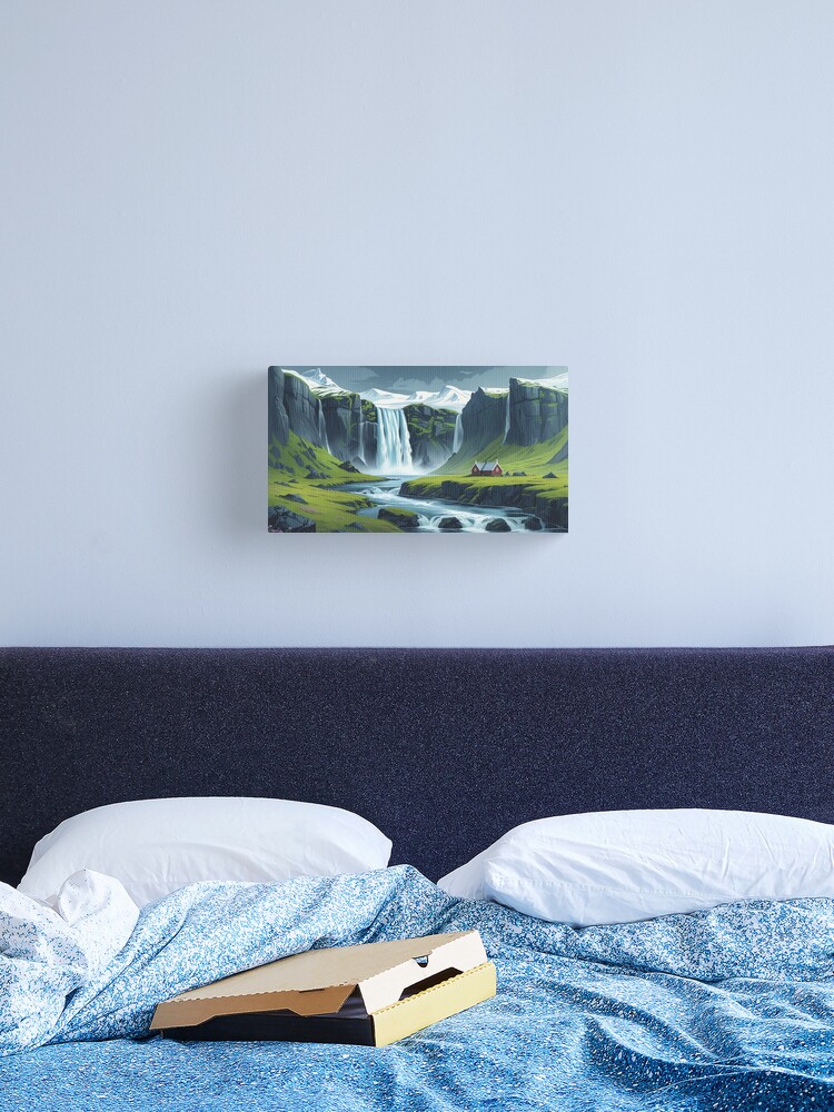 Thumbnail 2 of 3, Canvas Print, Vintage Art, Nordic Waterfall Retreat – Serene Scandinavian Landscape designed and sold by PixelsArtst.