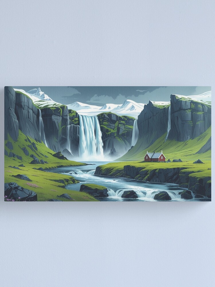 Thumbnail 1 of 3, Canvas Print, Vintage Art, Nordic Waterfall Retreat – Serene Scandinavian Landscape designed and sold by PixelsArtst.