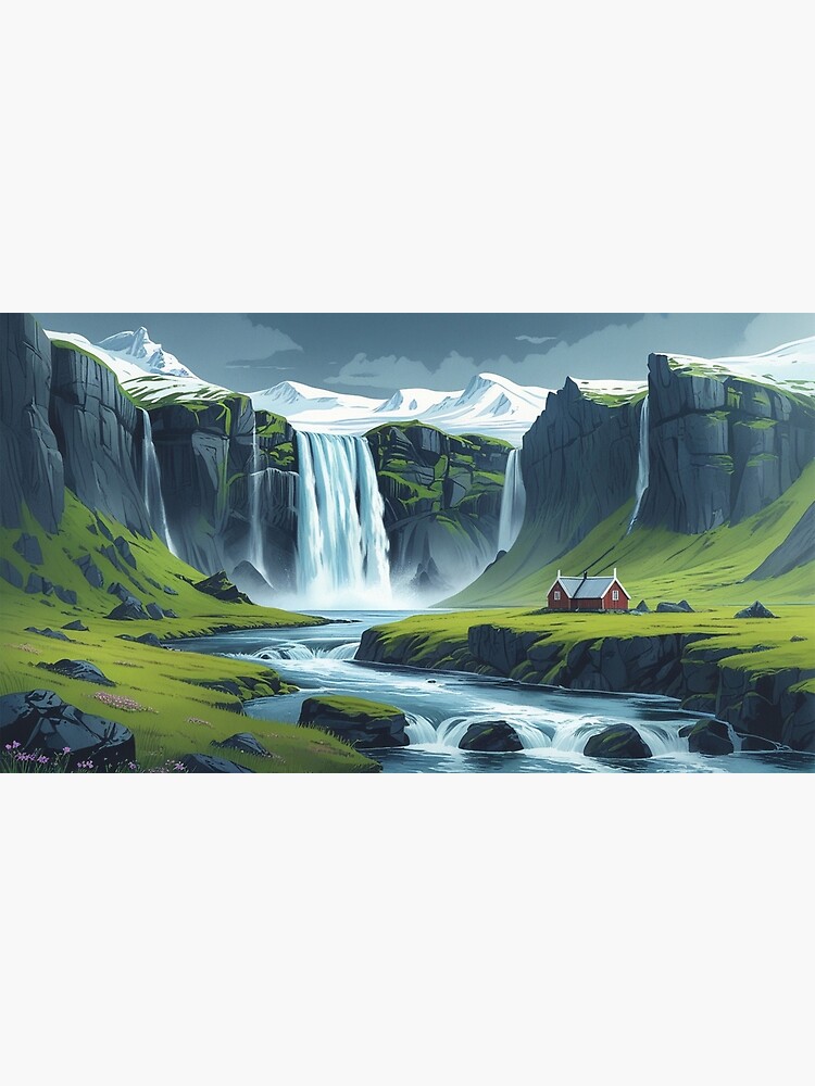 Thumbnail 3 of 3, Canvas Print, Vintage Art, Nordic Waterfall Retreat – Serene Scandinavian Landscape designed and sold by PixelsArtst.
