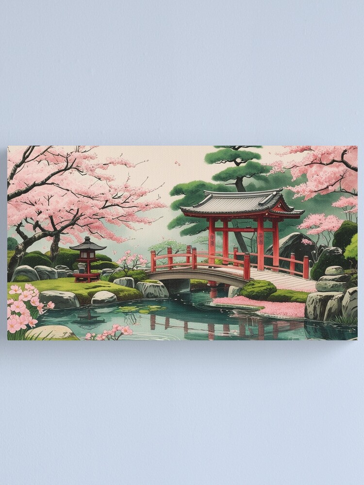 Thumbnail 1 of 3, Canvas Print, Vintage Art, Tranquil Japanese Garden – Cherry Blossom Serenity designed and sold by PixelsArtst.