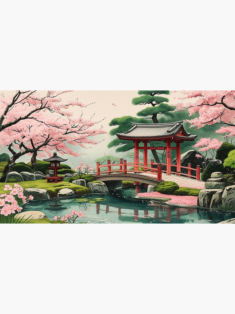 Thumbnail 3 of 3, Canvas Print, Vintage Art, Tranquil Japanese Garden – Cherry Blossom Serenity designed and sold by PixelsArtst.