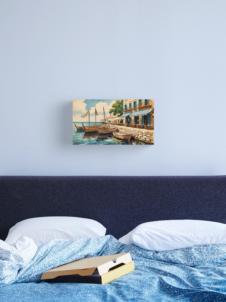 Thumbnail 2 of 3, Canvas Print, Vintage Art, Mediterranean Harbor – Coastal Café & Wooden Boats designed and sold by PixelsArtst.