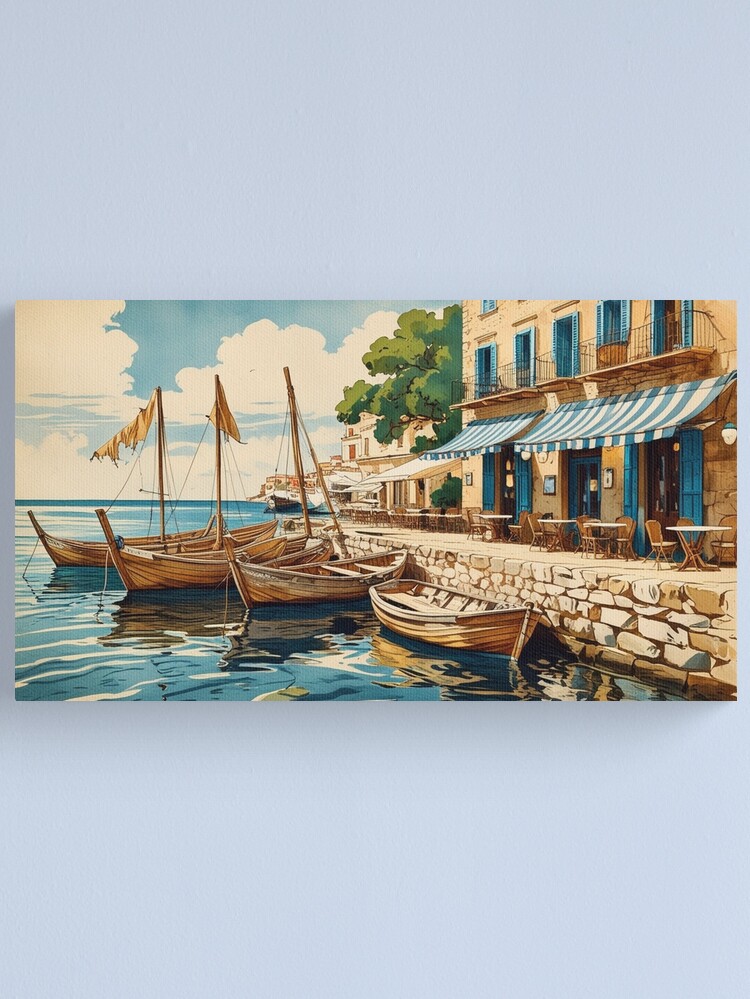 Thumbnail 1 of 3, Canvas Print, Vintage Art, Mediterranean Harbor – Coastal Café & Wooden Boats designed and sold by PixelsArtst.
