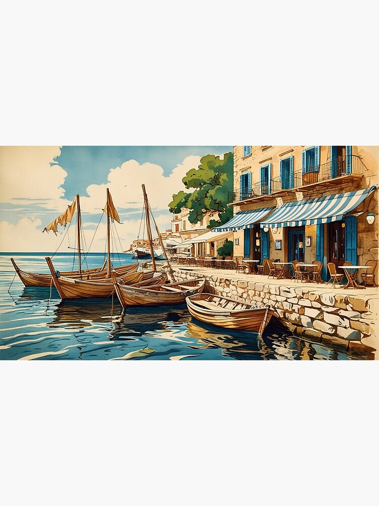 Thumbnail 3 of 3, Canvas Print, Vintage Art, Mediterranean Harbor – Coastal Café & Wooden Boats designed and sold by PixelsArtst.
