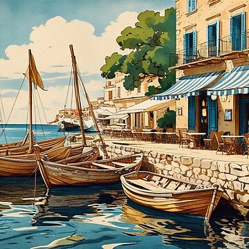 Artwork thumbnail, Vintage Art, Mediterranean Harbor – Coastal Café & Wooden Boats by PixelsArtist.com
