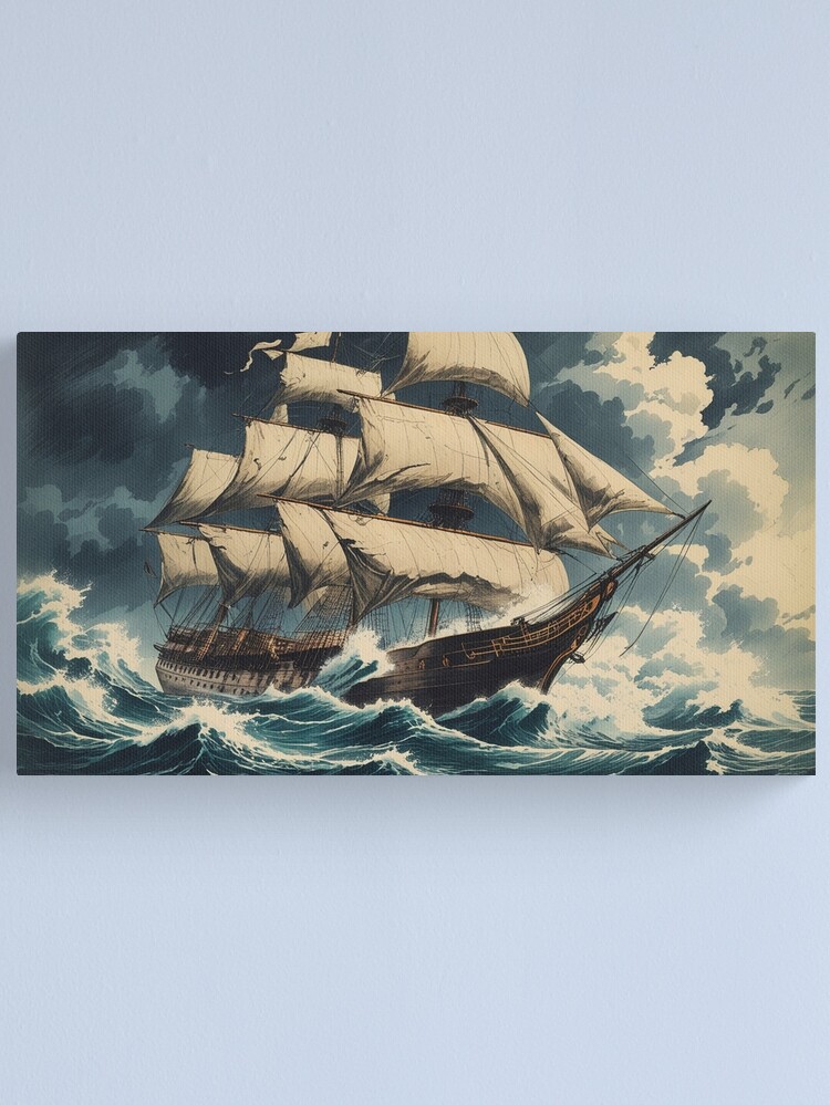 Thumbnail 1 of 3, Canvas Print, Vintage Art, Stormy Seas – Majestic Sailing Ship in Rough Waters designed and sold by PixelsArtst.