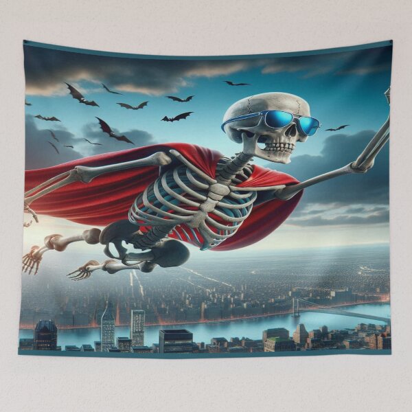 Item preview, Superhero skeleton flying over the city designed and sold by Club-Satini.