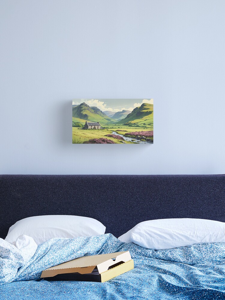 Thumbnail 2 of 3, Canvas Print, Vintage Art, Highland Serenity – Remote Cottage in a Scenic Valley designed and sold by PixelsArtst.
