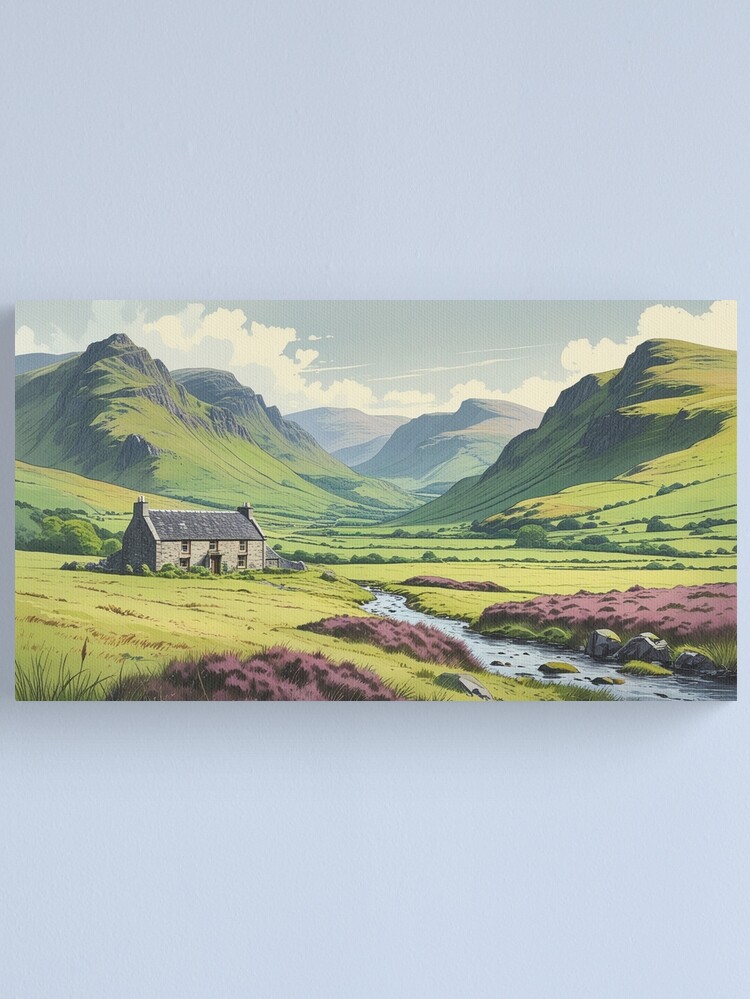 Thumbnail 1 of 3, Canvas Print, Vintage Art, Highland Serenity – Remote Cottage in a Scenic Valley designed and sold by PixelsArtst.
