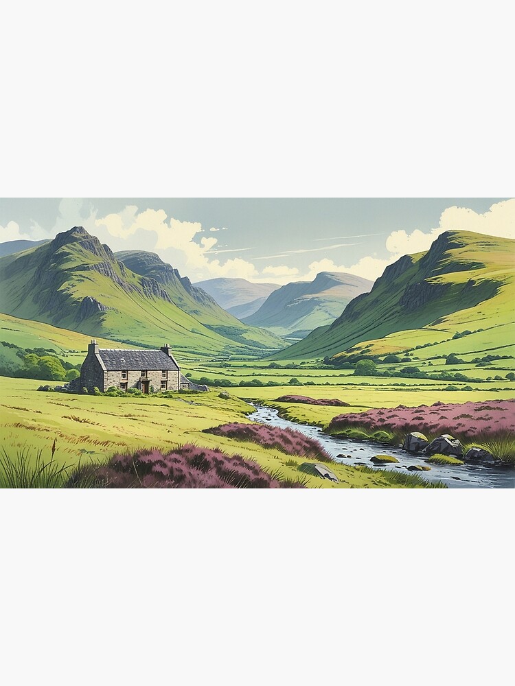 Thumbnail 3 of 3, Canvas Print, Vintage Art, Highland Serenity – Remote Cottage in a Scenic Valley designed and sold by PixelsArtst.